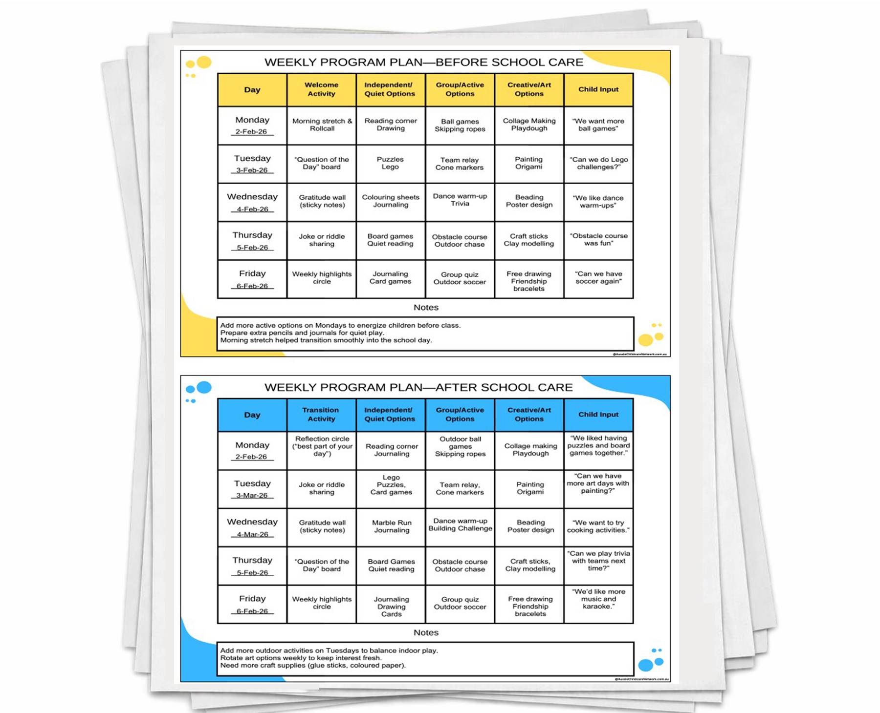 OSHC Weekly Program Plan