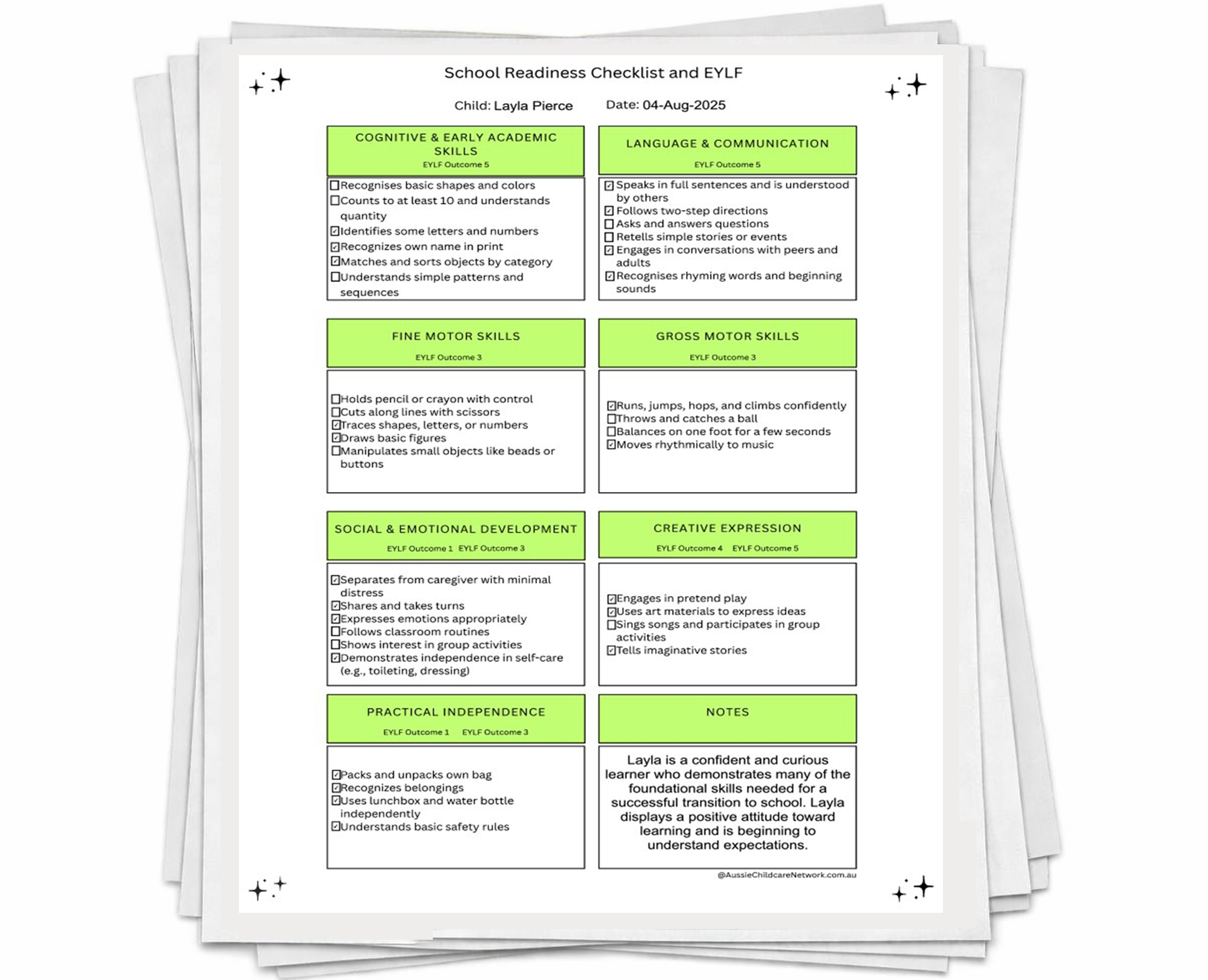 School Readiness Checklist and EYLF